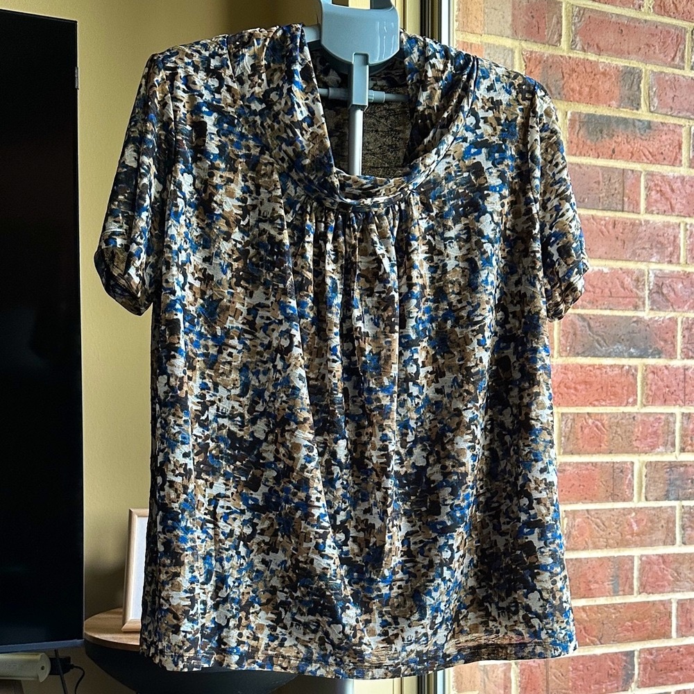 Jones New York Blue, Brown & Black Short Sleeve Cowl Neck Blouse